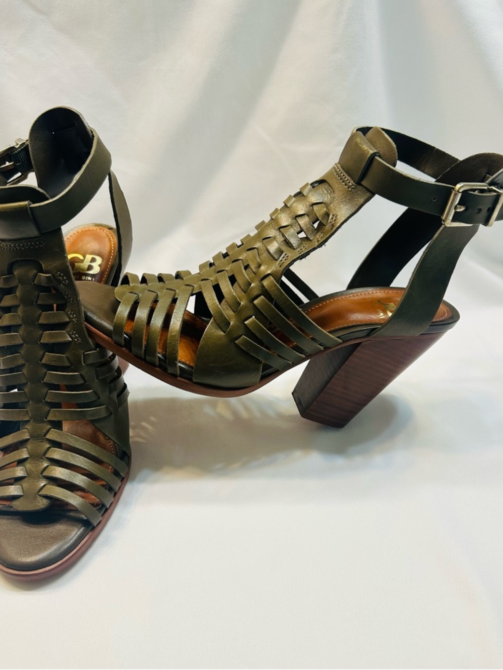 Gianni Bini Olive Woven Strappy Leather Heel Sandals - Picture 2 of 9